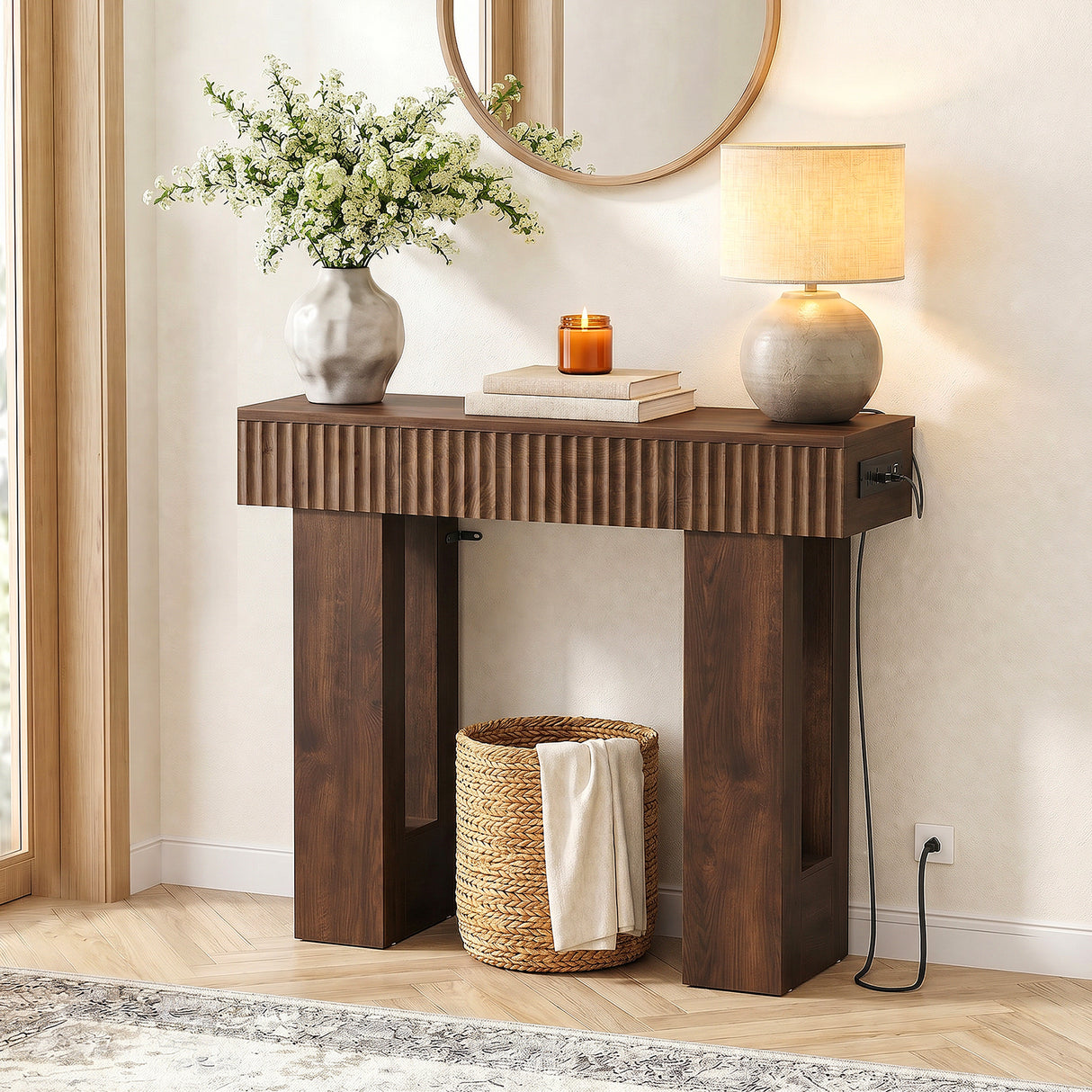 39" Console Table with Drawer and Outlets W/ USB-C, Modern Fluted Entryway Table With Storage, Sofa Table Behind The Couch