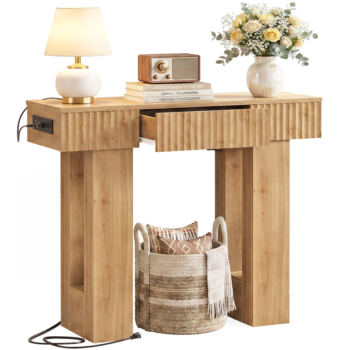 39" Console Table with Drawer and Outlets W/ USB-C, Modern Fluted Entryway Table With Storage, Sofa Table Behind The Couch