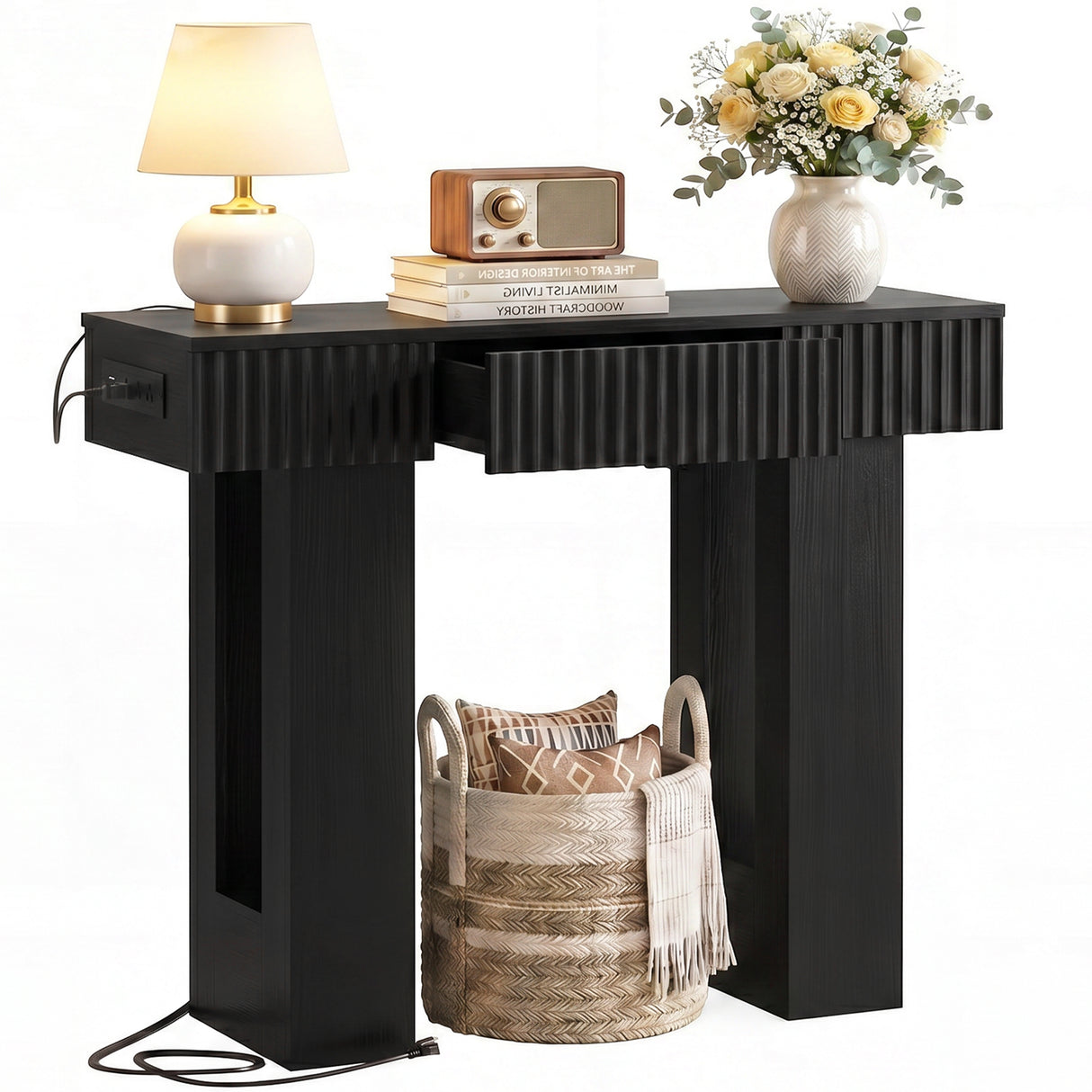 39" Console Table with Drawer and Outlets W/ USB-C, Modern Fluted Entryway Table With Storage, Sofa Table Behind The Couch