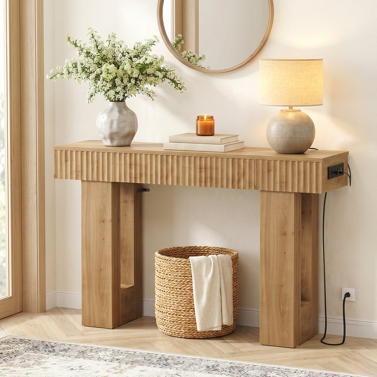 47" Console Table with 2 Drawers and Outlets W/ USB-C, Modern Fluted Entryway Table With Storage, Sofa Table Behind The Couch