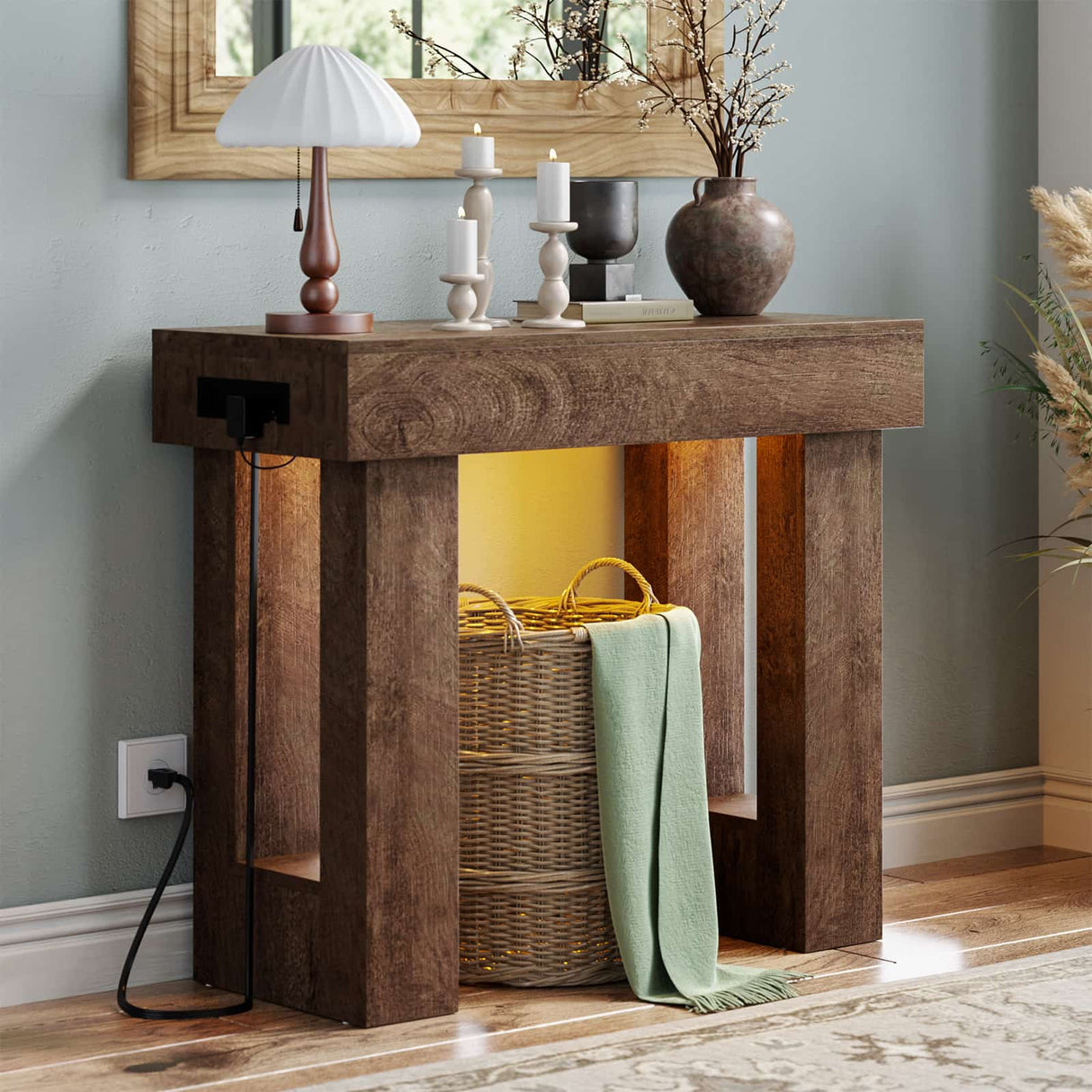 39'' Farmhouse Console Table with Power Outlet and Sensor Light