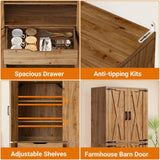71" Tall Kitchen Pantry Storage Cabinet with Farmhouse Barn Doors and Storage Drawer