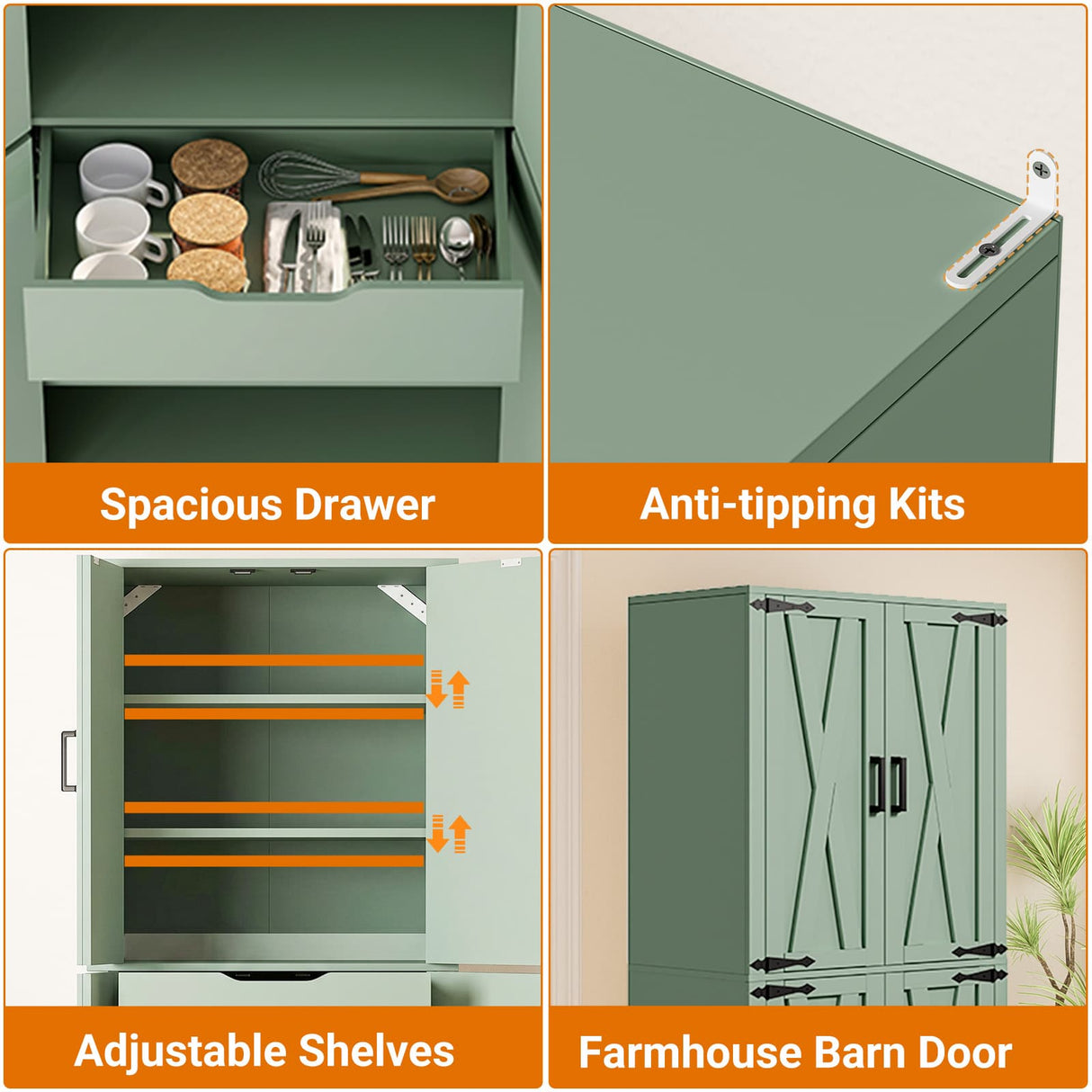 71" Tall Kitchen Pantry Storage Cabinet with Farmhouse Barn Doors and Storage Drawer