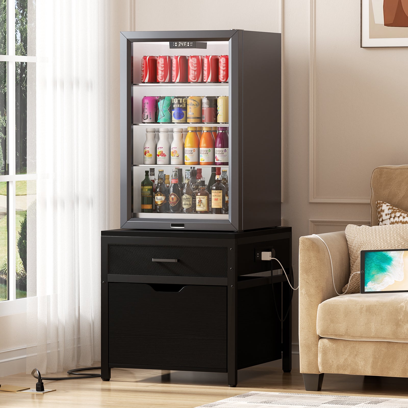 Unikito Mini Fridge Stand with Power Strip & Drawer Basket for