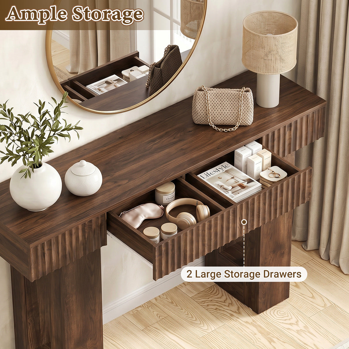 47" Console Table with 2 Drawers and Outlets W/ USB-C, Modern Fluted Entryway Table With Storage, Sofa Table Behind The Couch