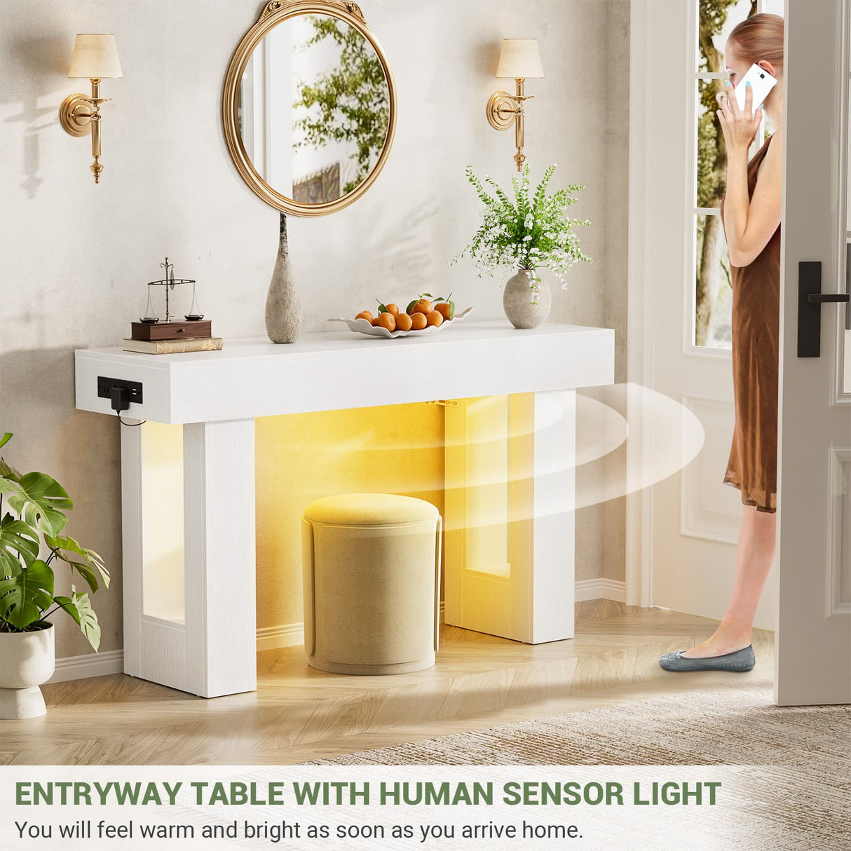 47" Entryway Table with Socket and Sensor Light, Narrow Console Table with Storage Behind Couch, Farmhouse Entry Way Tables with Open Storage for Entrance/Hallway/Living Room