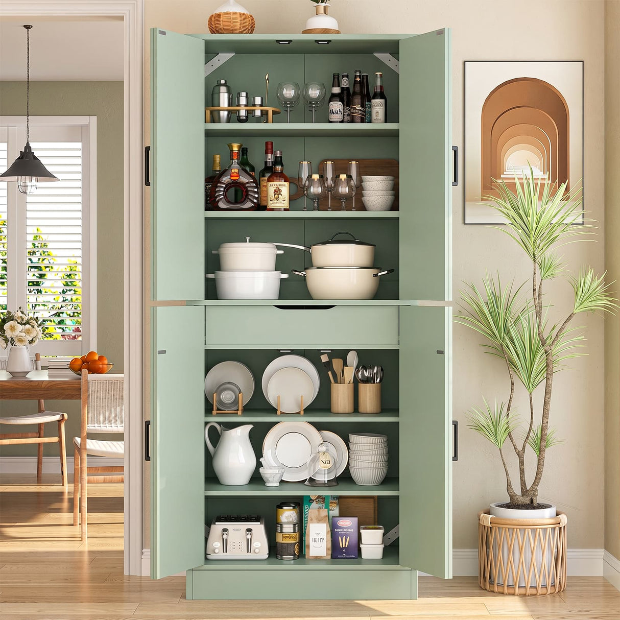 71" Tall Kitchen Pantry Storage Cabinet with Farmhouse Barn Doors and Storage Drawer