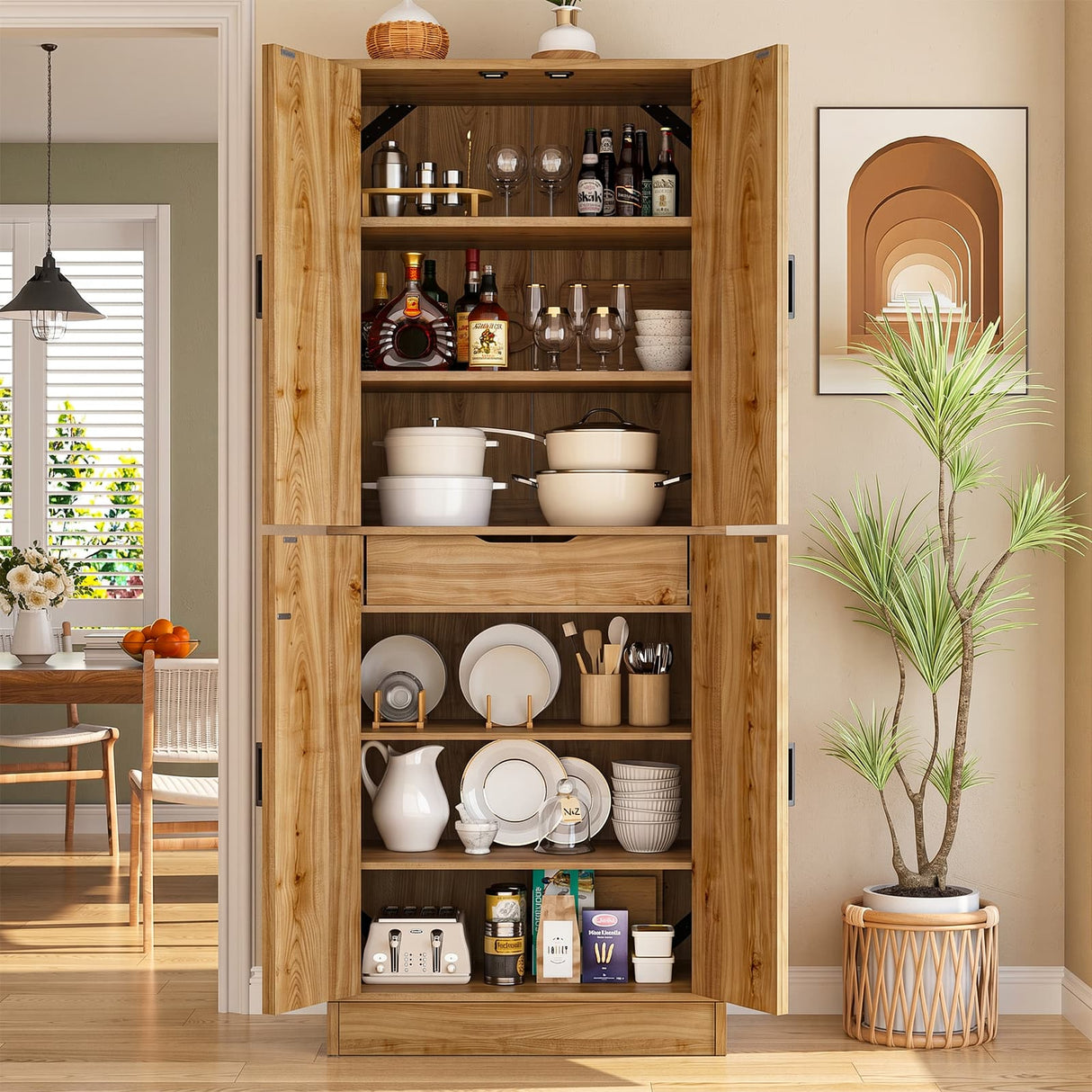71" Tall Kitchen Pantry Storage Cabinet with Farmhouse Barn Doors and Storage Drawer