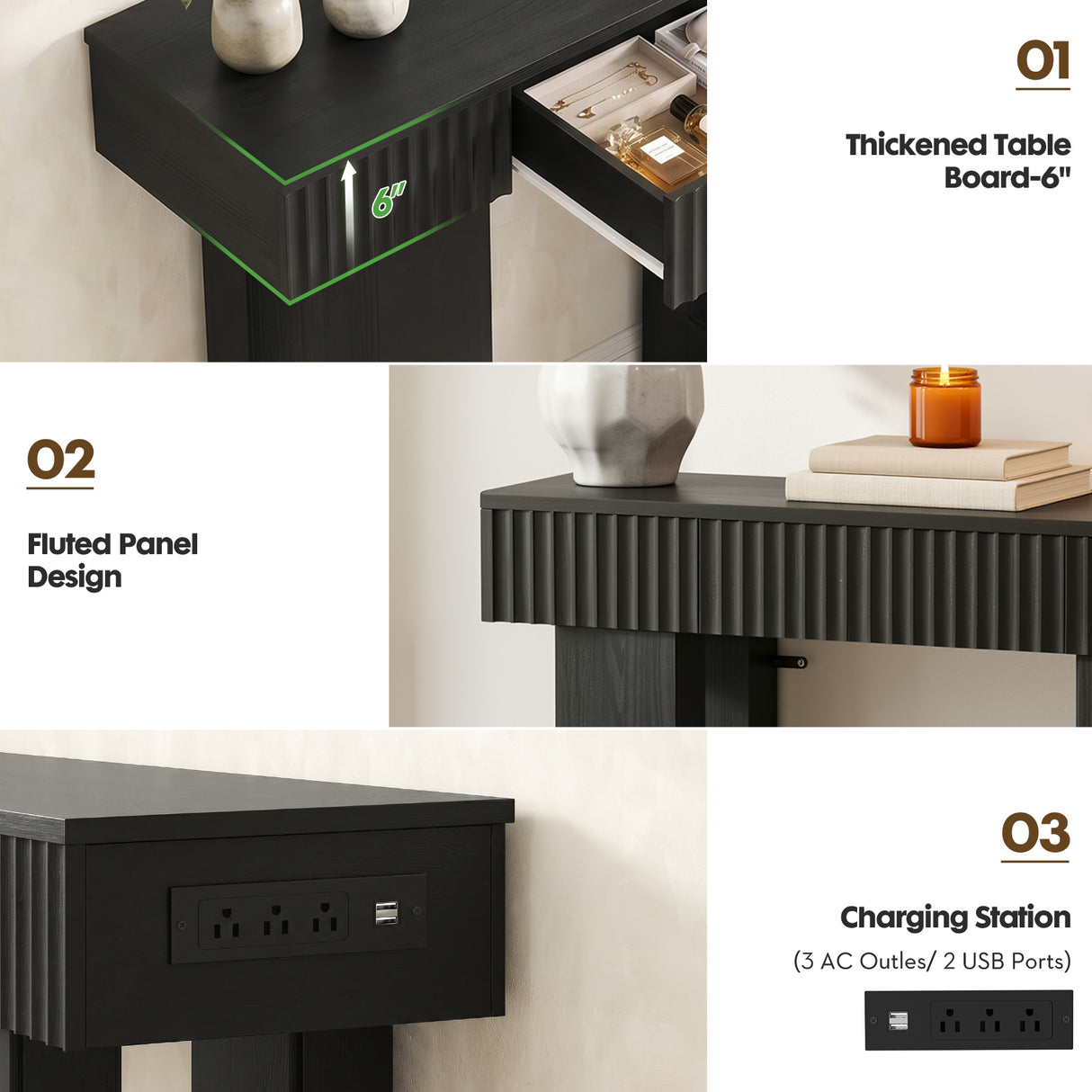 39" Console Table with Drawer and Outlets W/ USB-C, Modern Fluted Entryway Table With Storage, Sofa Table Behind The Couch