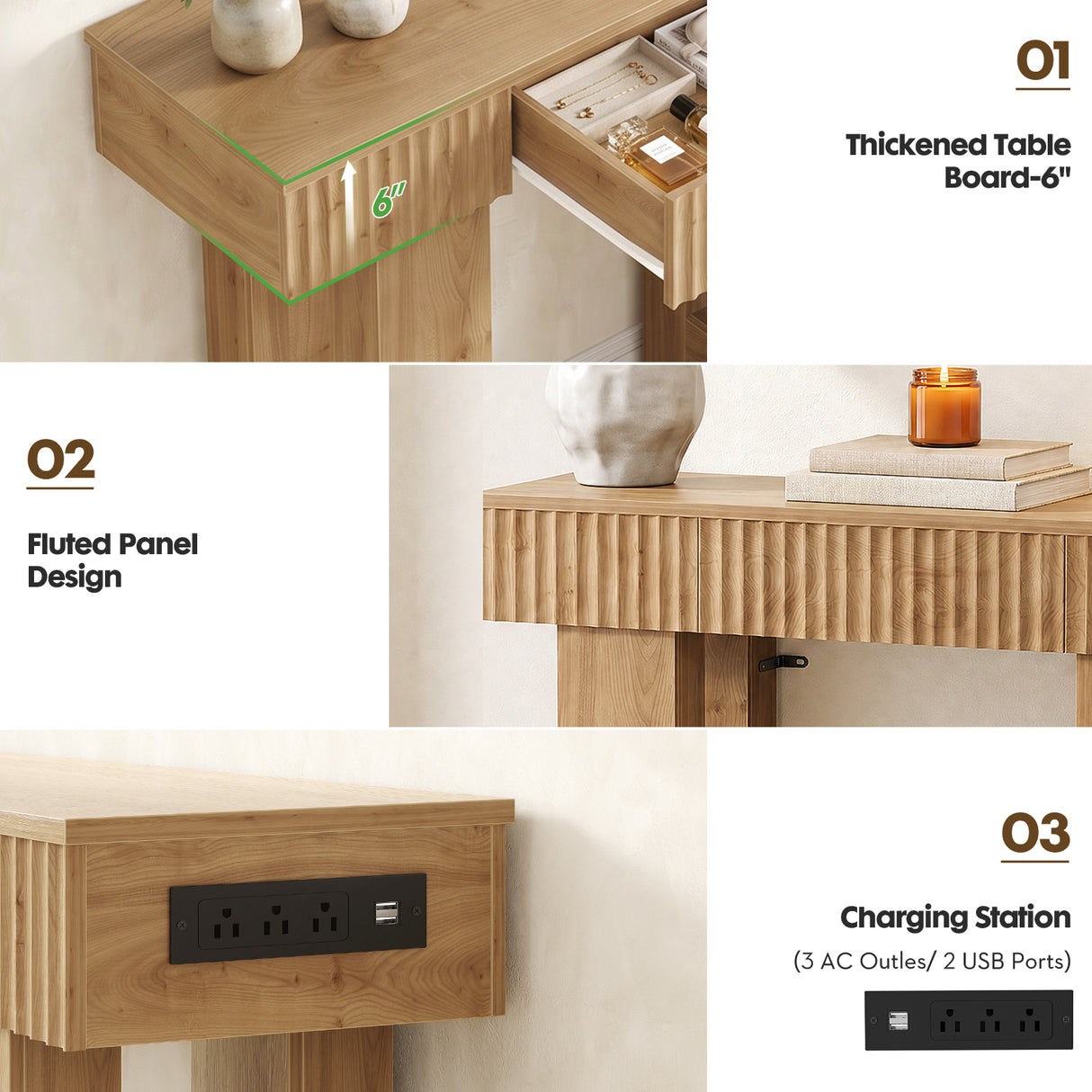 39" Console Table with Drawer and Outlets W/ USB-C, Modern Fluted Entryway Table With Storage, Sofa Table Behind The Couch