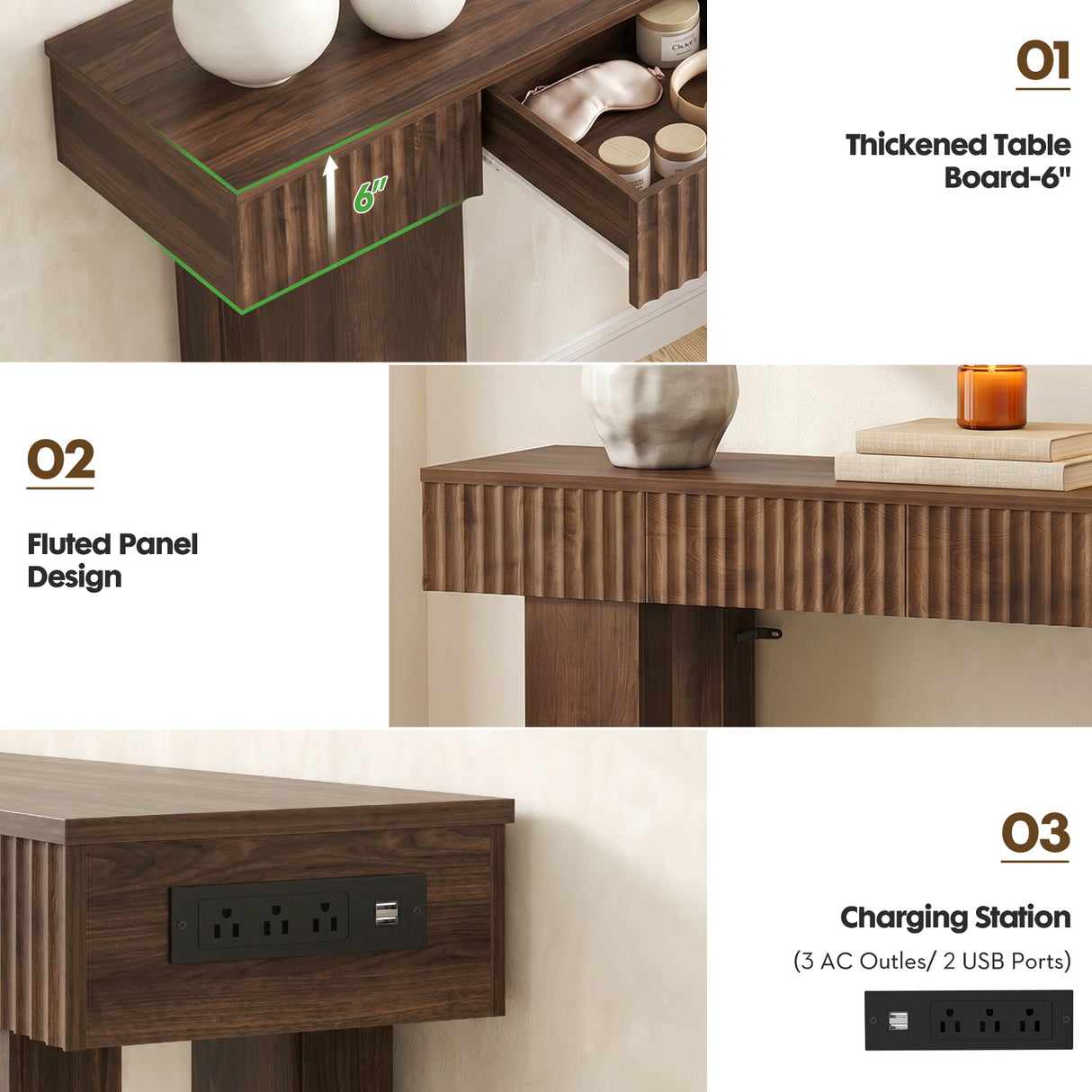 47" Console Table with 2 Drawers and Outlets W/ USB-C, Modern Fluted Entryway Table With Storage, Sofa Table Behind The Couch