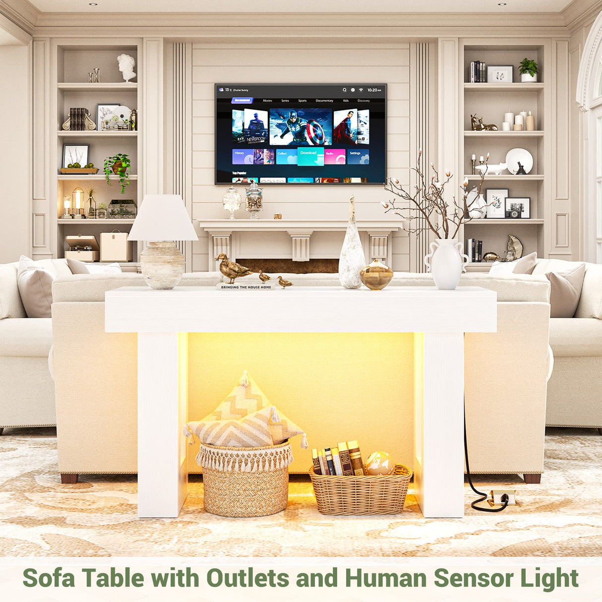 47" Entryway Table with Socket and Sensor Light, Narrow Console Table with Storage Behind Couch, Farmhouse Entry Way Tables with Open Storage for Entrance/Hallway/Living Room