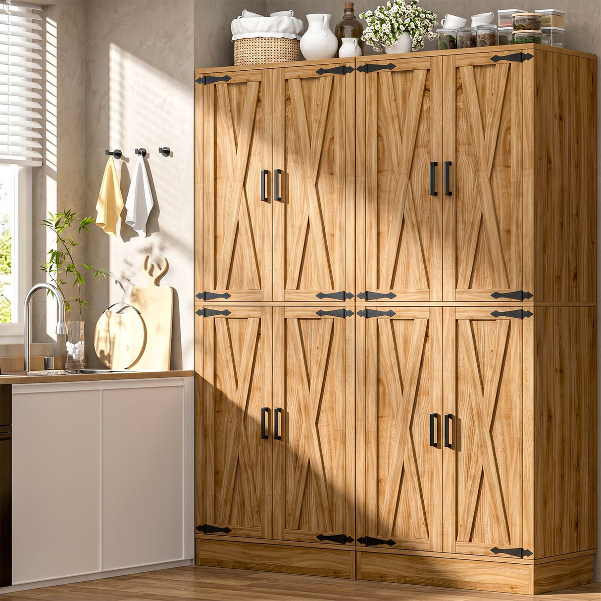 71" Tall Kitchen Pantry Storage Cabinet with Farmhouse Barn Doors and Storage Drawer