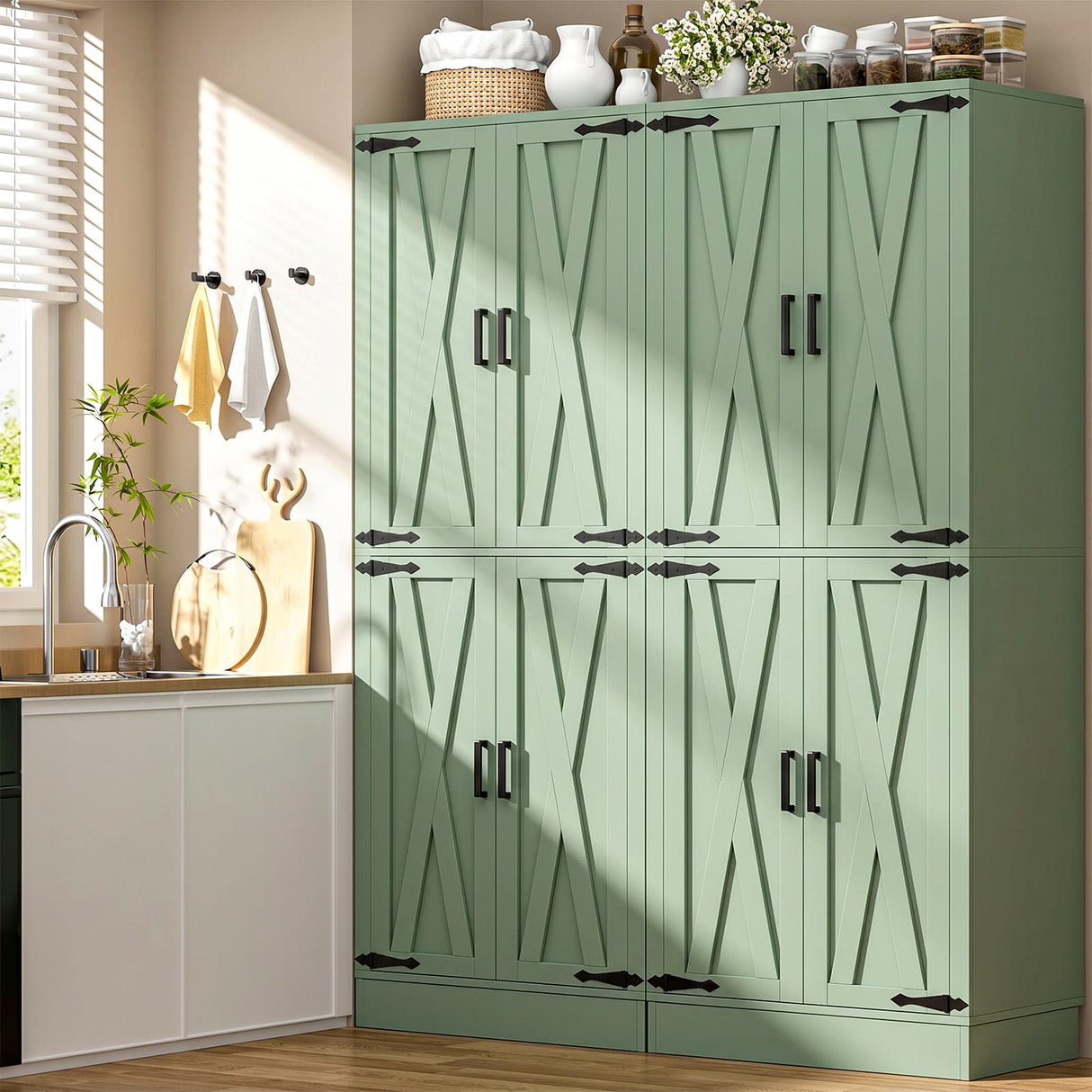 71" Tall Kitchen Pantry Storage Cabinet with Farmhouse Barn Doors and Storage Drawer