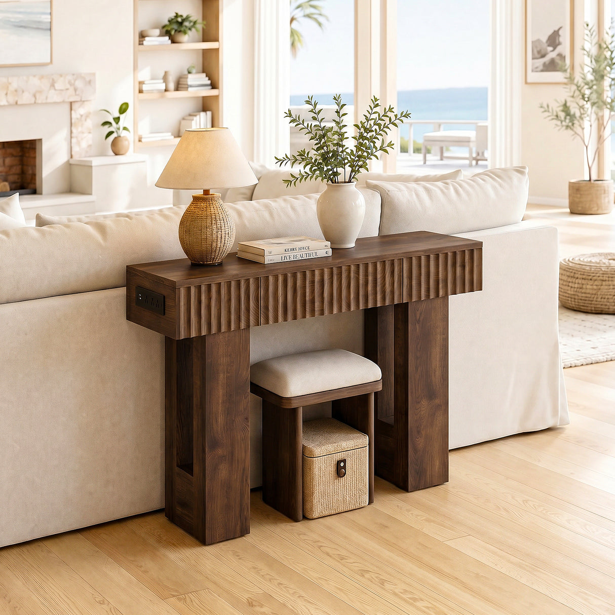 39" Console Table with Drawer and Outlets W/ USB-C, Modern Fluted Entryway Table With Storage, Sofa Table Behind The Couch