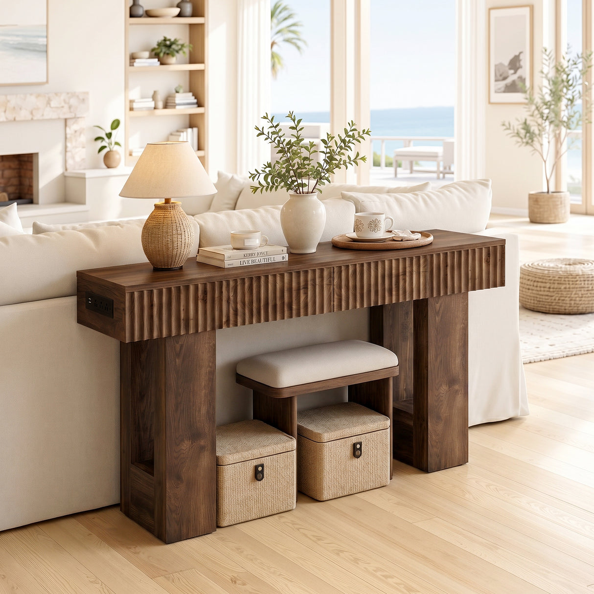 47" Console Table with 2 Drawers and Outlets W/ USB-C, Modern Fluted Entryway Table With Storage, Sofa Table Behind The Couch