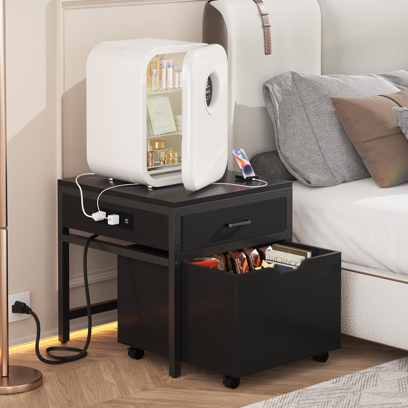 Unikito Mini Fridge Stand with Power Strip & Drawer Basket for
