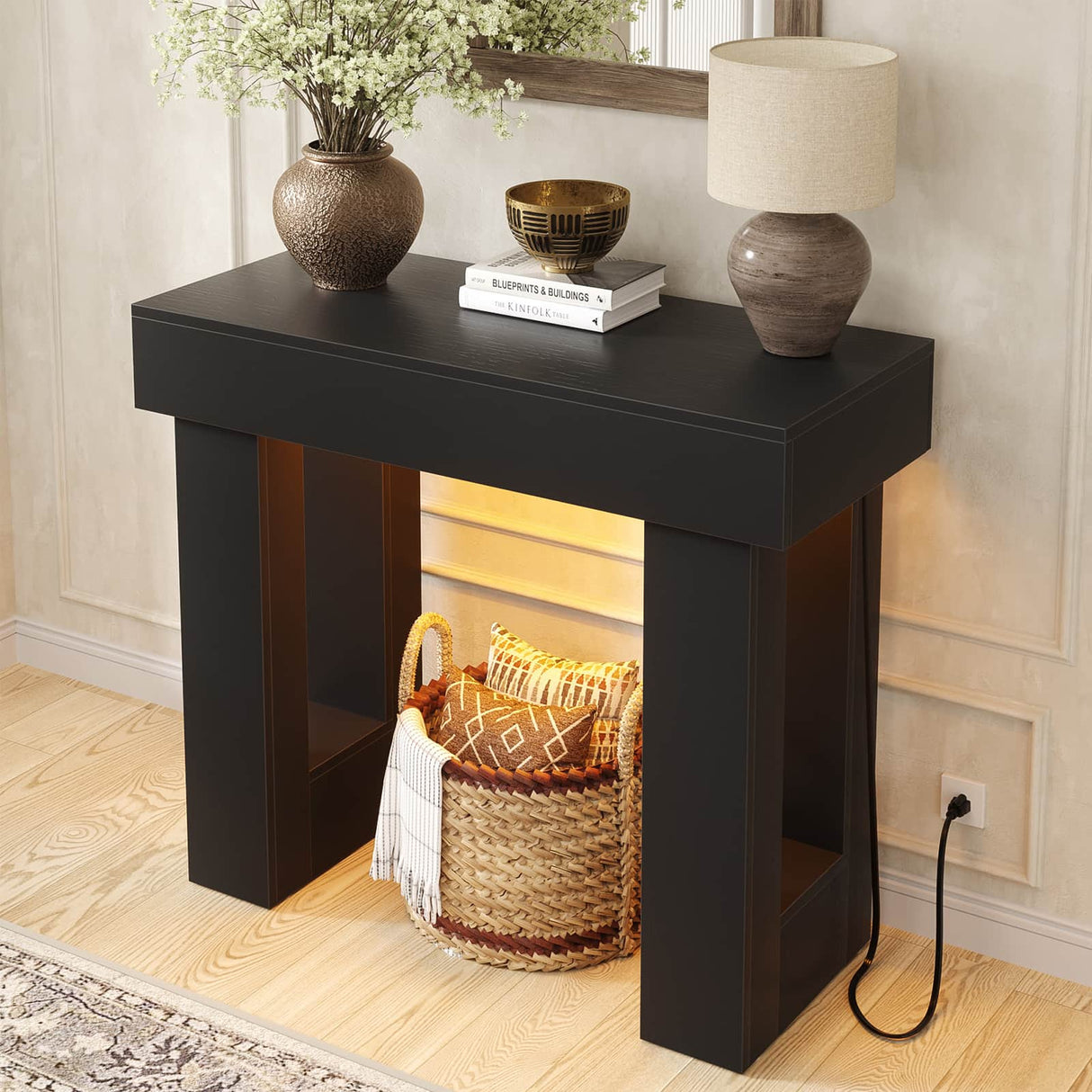 39'' Farmhouse Console Table with Power Outlet and Sensor Light