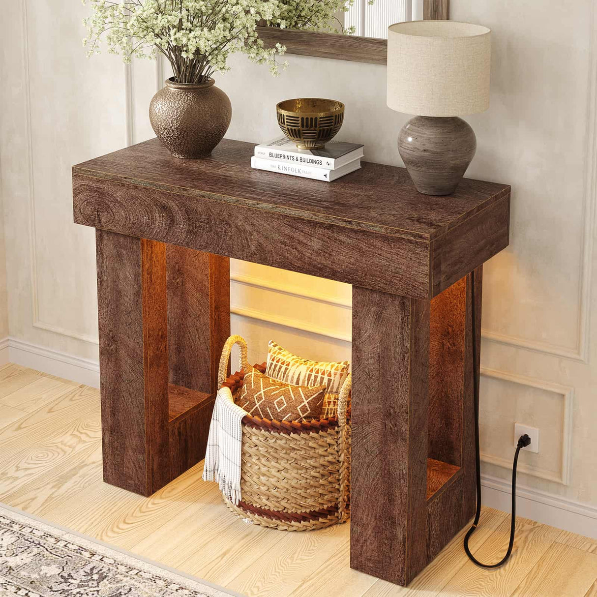 39'' Farmhouse Console Table with Power Outlet and Sensor Light