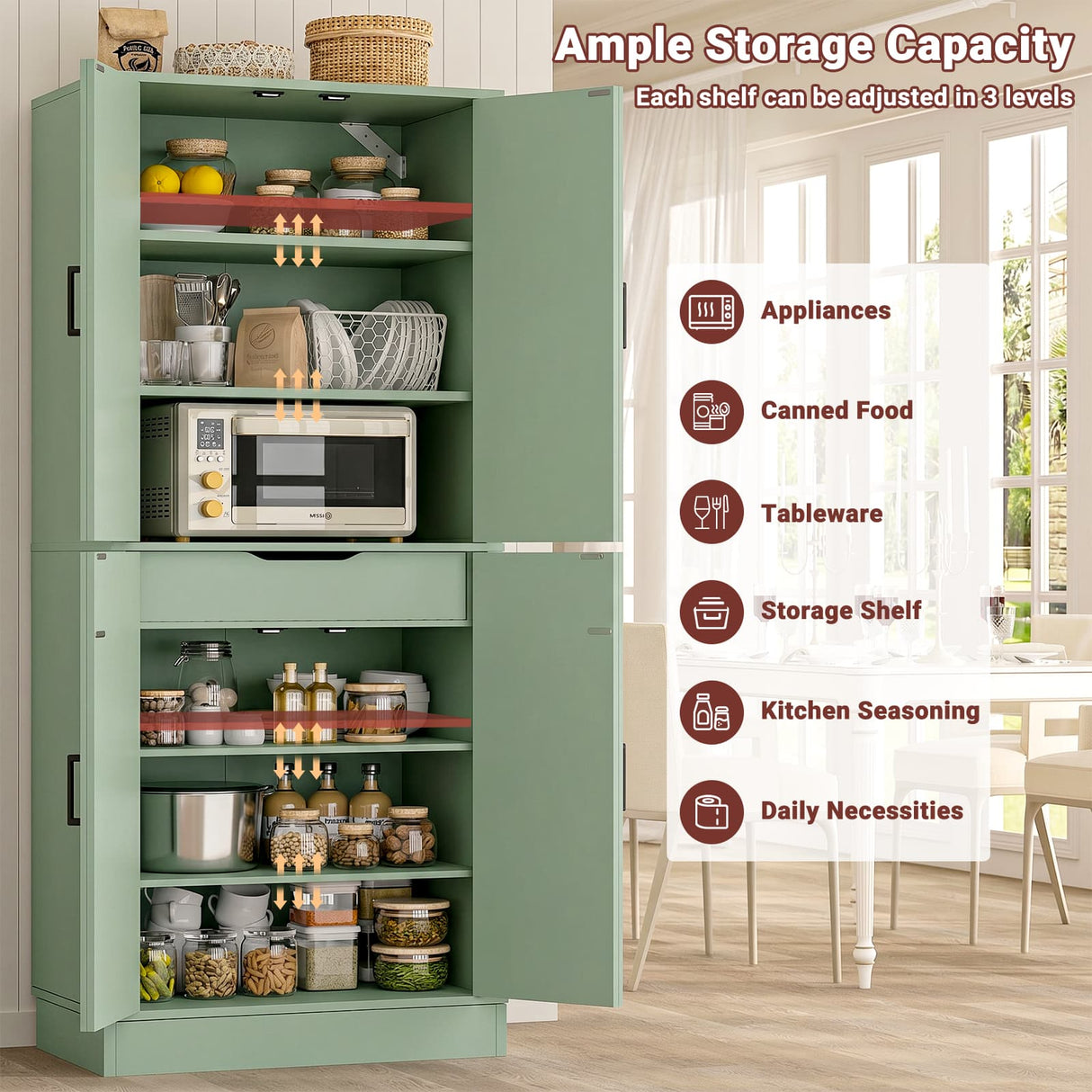 71" Tall Kitchen Pantry Storage Cabinet with Farmhouse Barn Doors and Storage Drawer