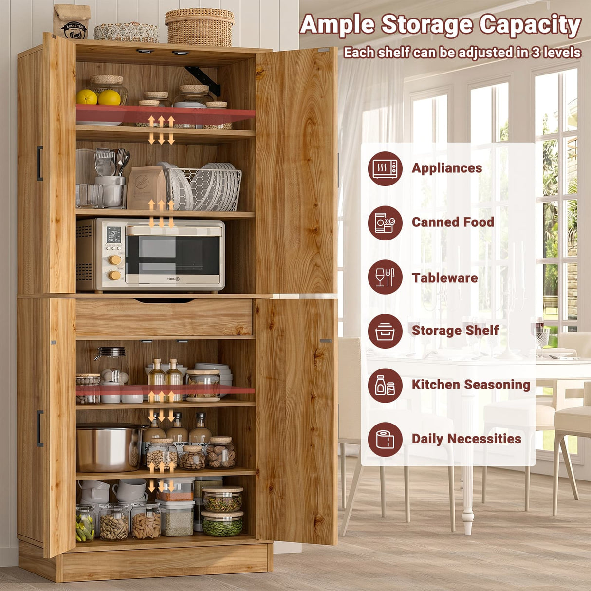71" Tall Kitchen Pantry Storage Cabinet with Farmhouse Barn Doors and Storage Drawer