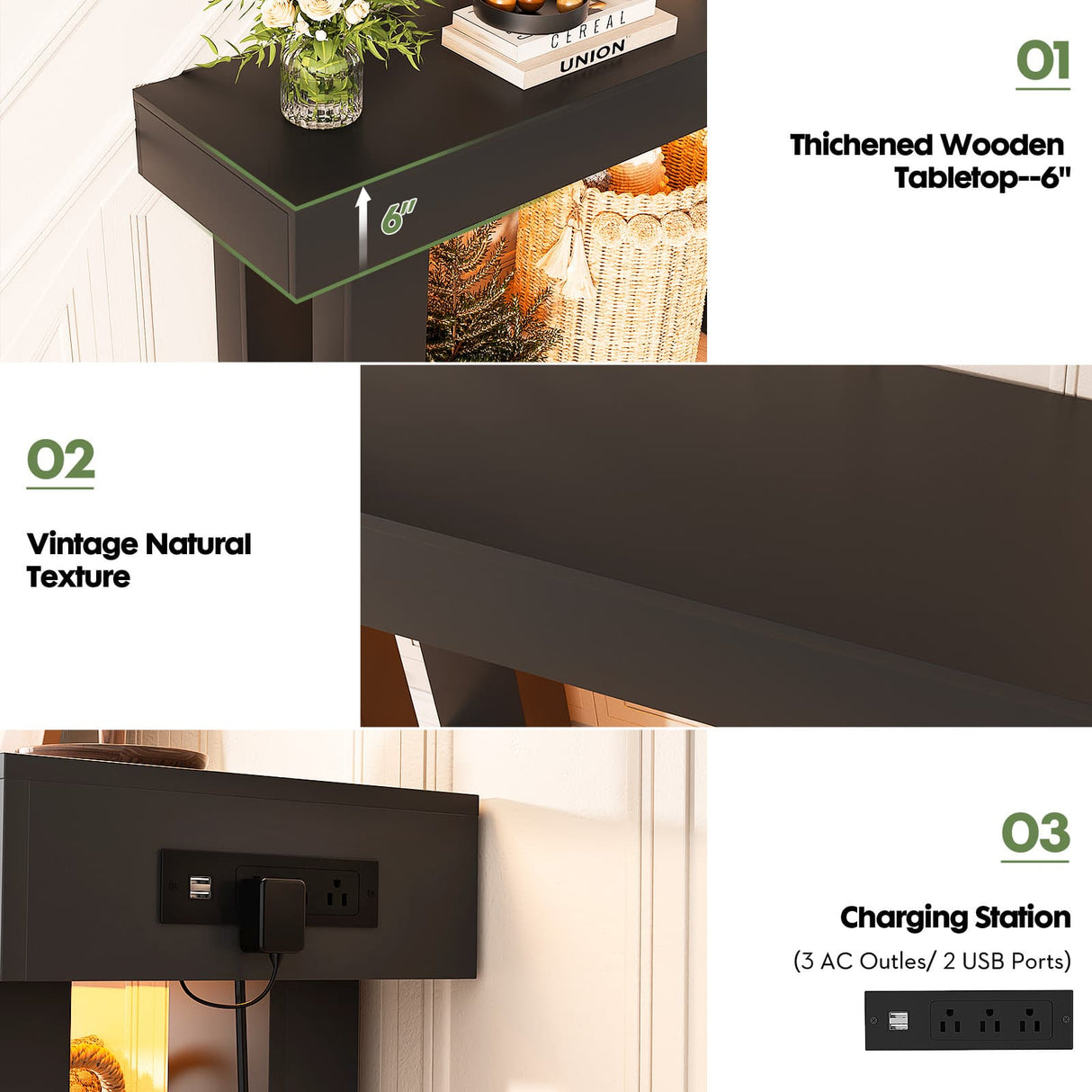 39'' Farmhouse Console Table with Power Outlet and Sensor Light