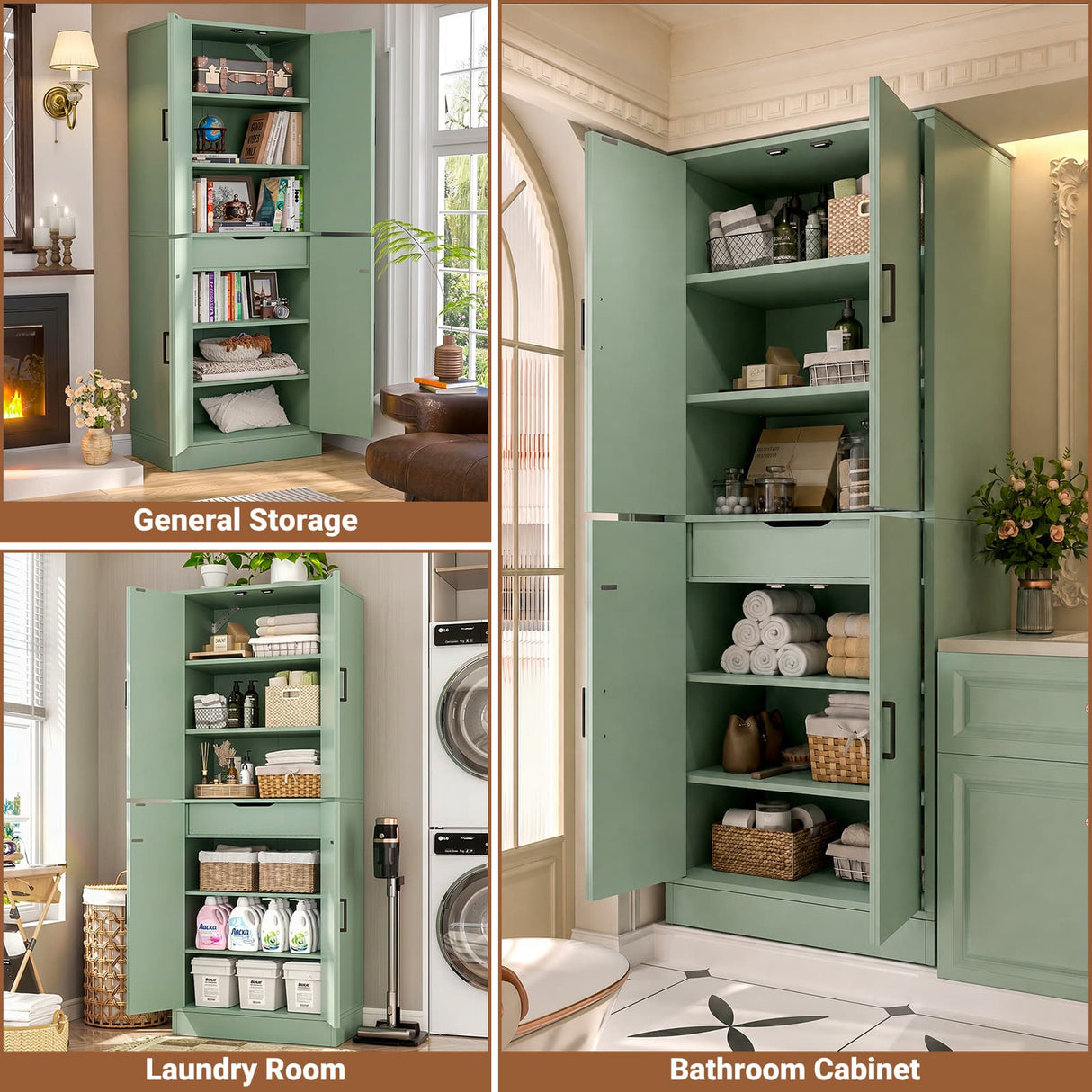 71" Tall Kitchen Pantry Storage Cabinet with Farmhouse Barn Doors and Storage Drawer