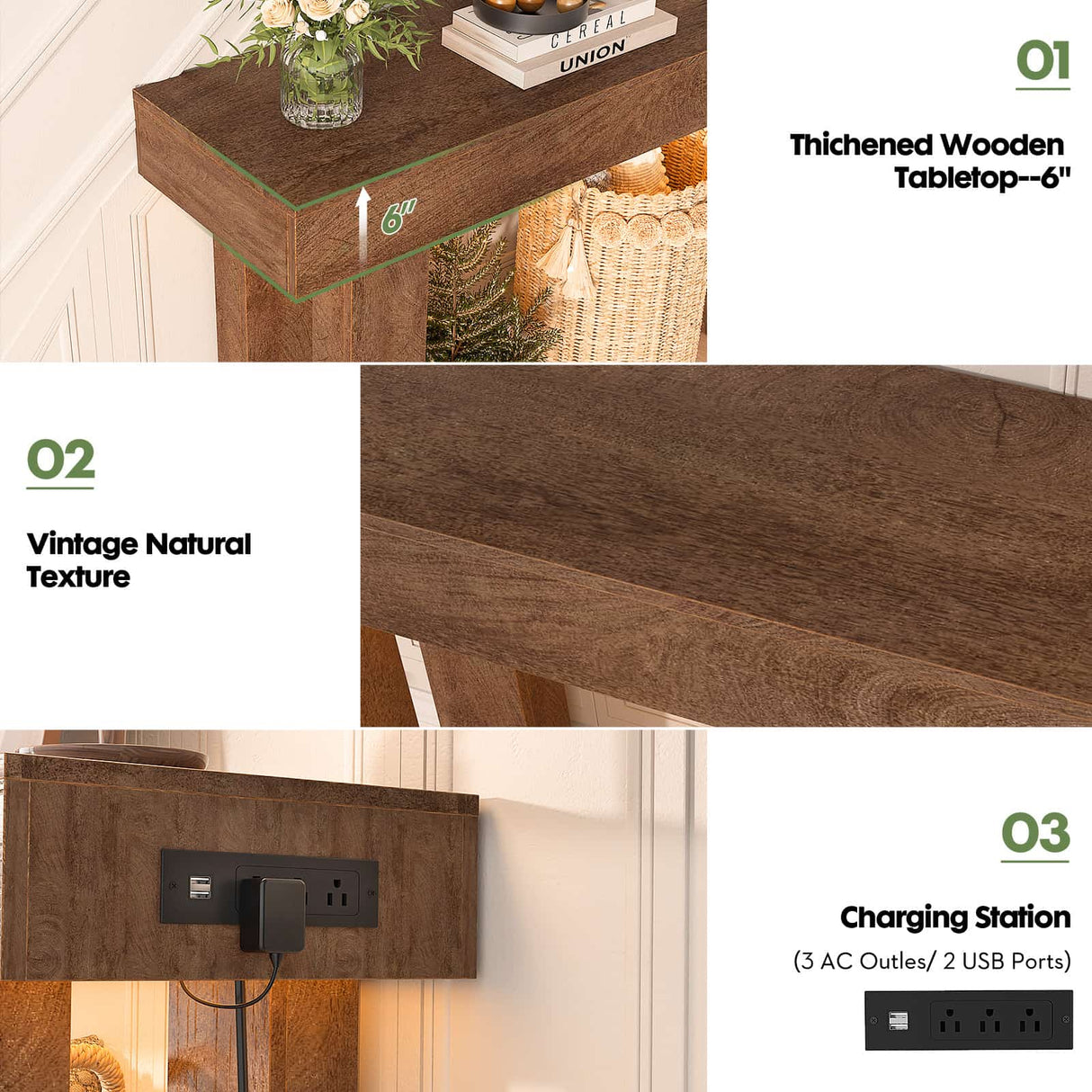 39'' Farmhouse Console Table with Power Outlet and Sensor Light