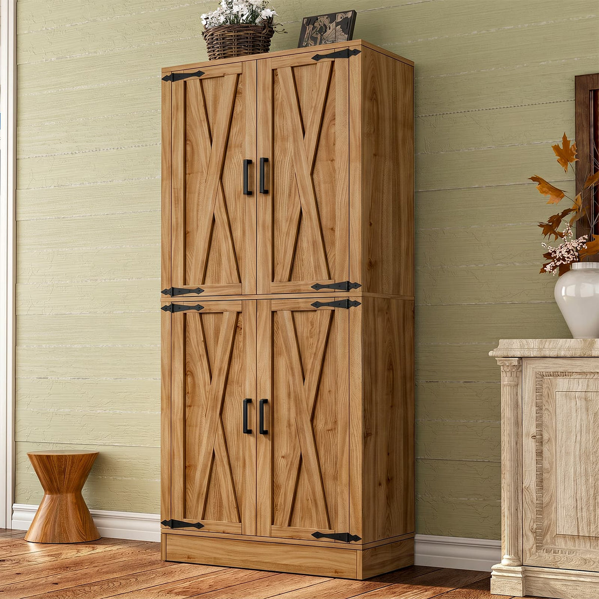 71" Tall Kitchen Pantry Storage Cabinet with Farmhouse Barn Doors and Storage Drawer