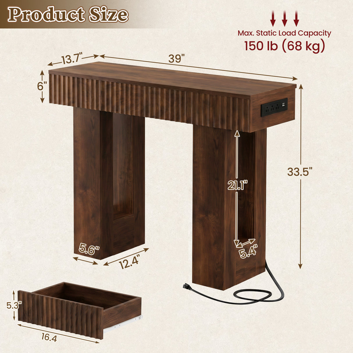 39" Console Table with Drawer and Outlets W/ USB-C, Modern Fluted Entryway Table With Storage, Sofa Table Behind The Couch