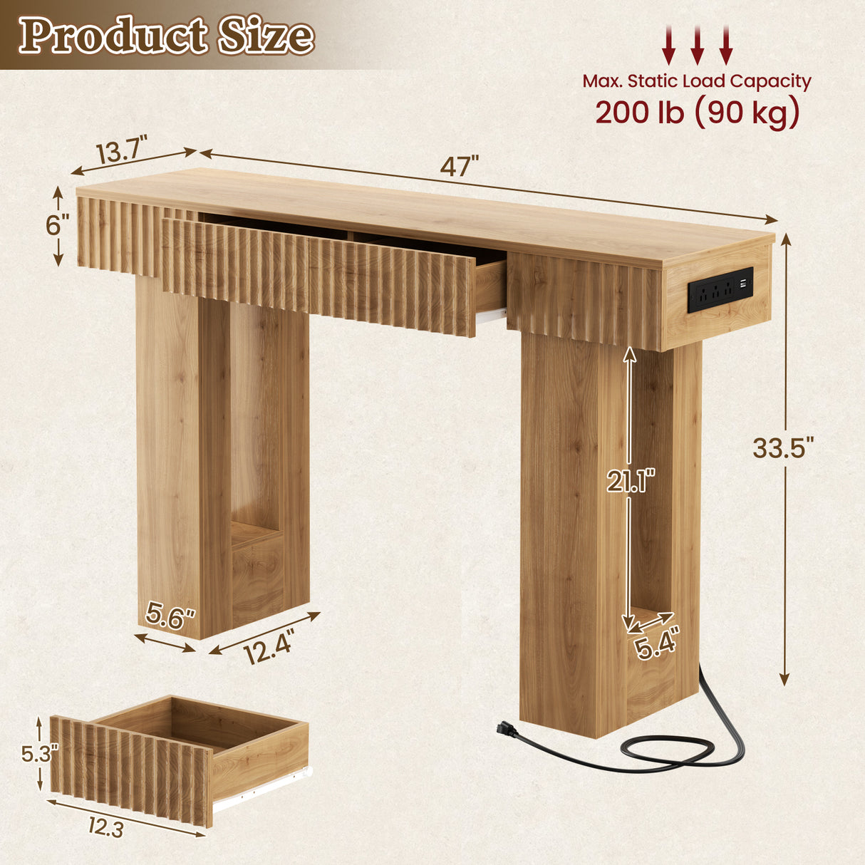 47" Console Table with 2 Drawers and Outlets W/ USB-C, Modern Fluted Entryway Table With Storage, Sofa Table Behind The Couch