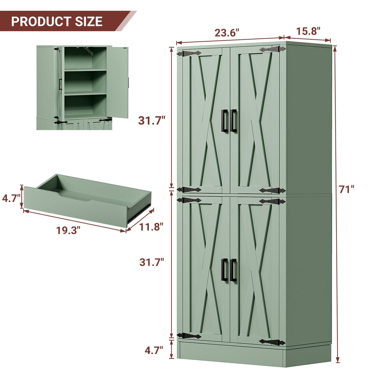 71" Tall Kitchen Pantry Storage Cabinet with Farmhouse Barn Doors and Storage Drawer