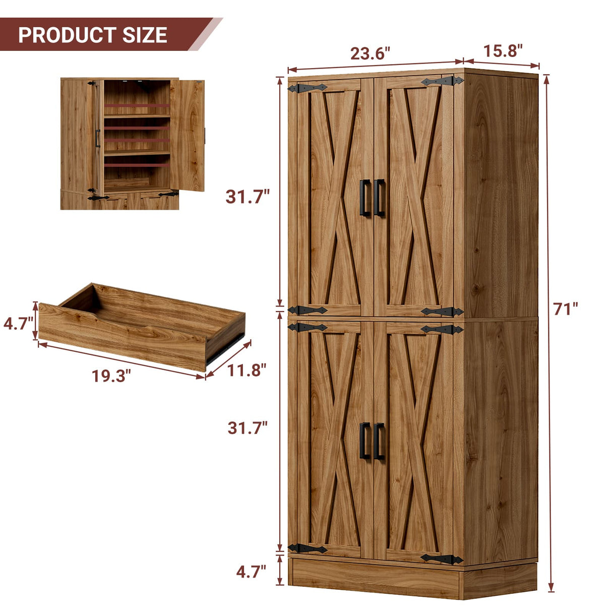71" Tall Kitchen Pantry Storage Cabinet with Farmhouse Barn Doors and Storage Drawer