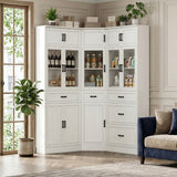 80" Tall Corner Pantry Cabinet with Adjustable Shelves, Tempered Glass Doors, Large Display Bookcase for Living Room, Dining Room, Home Office, Off White