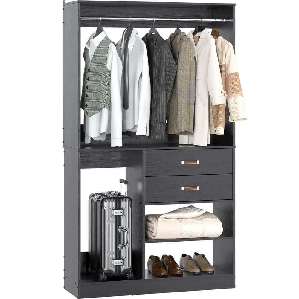 Unikito Freestanding Closet System with Suitcase Storage, 40 Inches Stand-Alone Wardrobe with 2 Wood Drawers, 80'' Height Adjustable Cloth Garment Rack, Walk-in Closet with Hanging Rod