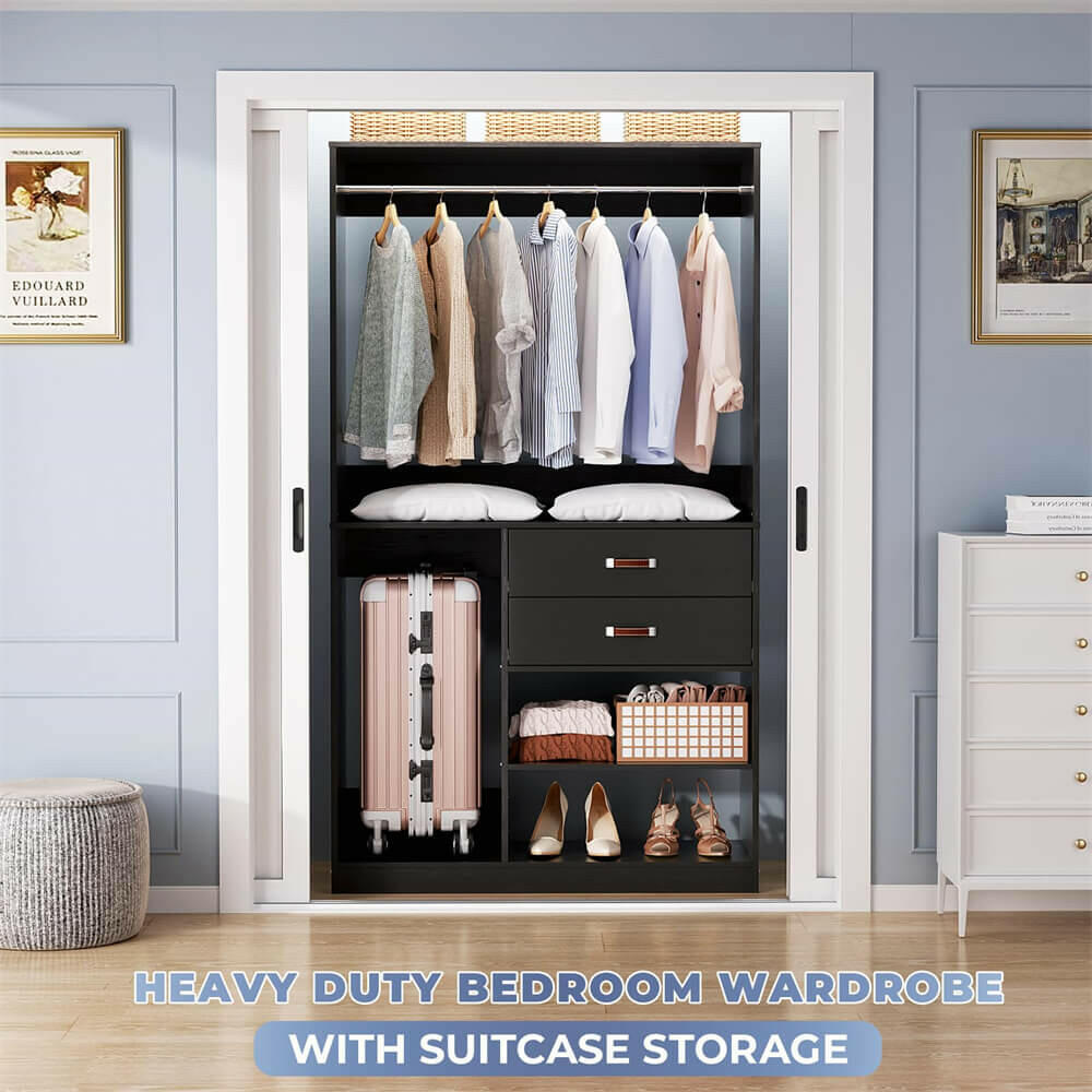 Unikito Freestanding Closet System with Suitcase Storage, 40 Inches Stand-Alone Wardrobe with 2 Wood Drawers, 80'' Height Adjustable Cloth Garment Rack, Walk-in Closet with Hanging Rod