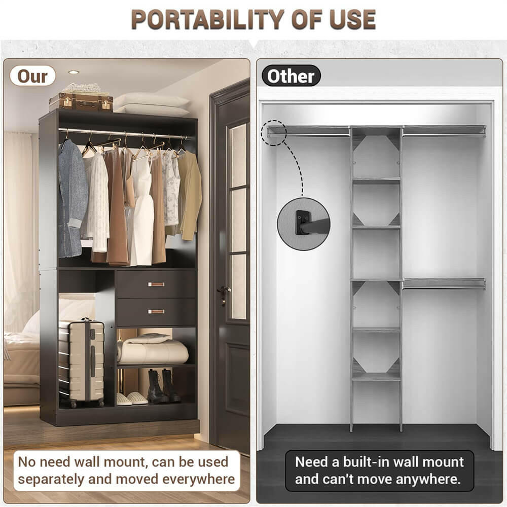 Unikito Freestanding Closet System with Suitcase Storage, 40 Inches Stand-Alone Wardrobe with 2 Wood Drawers, 80'' Height Adjustable Cloth Garment Rack, Walk-in Closet with Hanging Rod