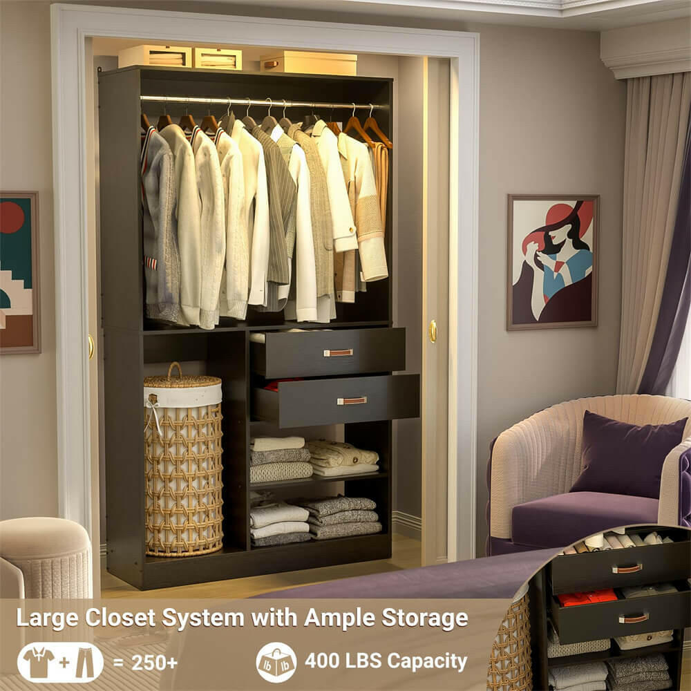 Unikito Freestanding Closet System with Suitcase Storage, 40 Inches Stand-Alone Wardrobe with 2 Wood Drawers, 80'' Height Adjustable Cloth Garment Rack, Walk-in Closet with Hanging Rod