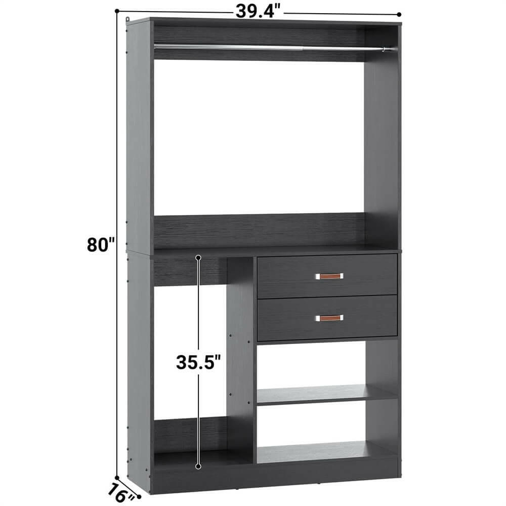 Unikito Freestanding Closet System with Suitcase Storage, 40 Inches Stand-Alone Wardrobe with 2 Wood Drawers, 80'' Height Adjustable Cloth Garment Rack, Walk-in Closet with Hanging Rod