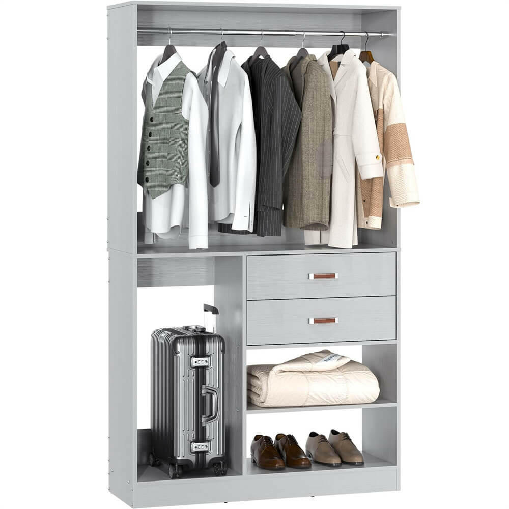 Unikito Freestanding Closet System with Suitcase Storage, 40 Inches Stand-Alone Wardrobe with 2 Wood Drawers, 80'' Height Adjustable Cloth Garment Rack, Walk-in Closet with Hanging Rod