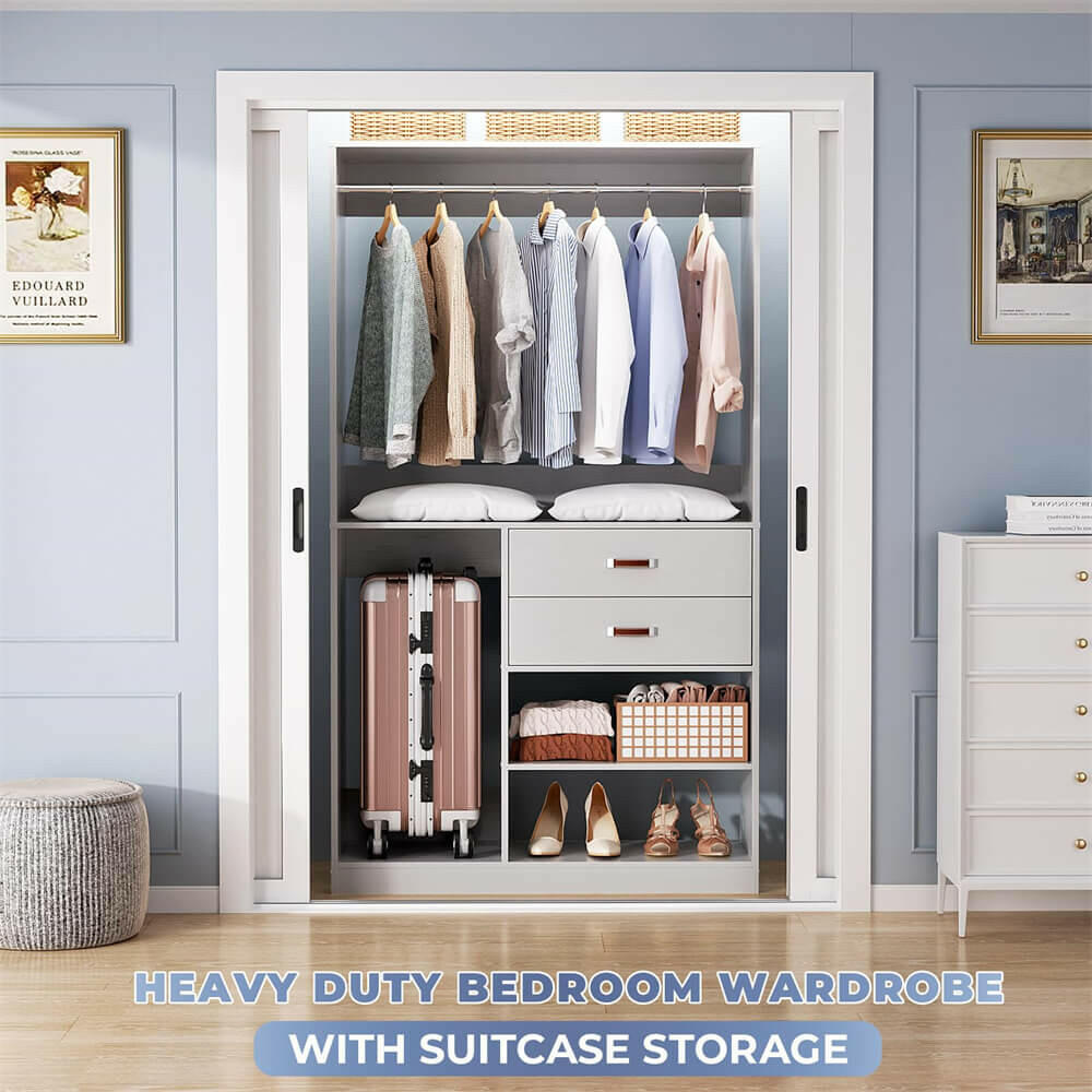Unikito Freestanding Closet System with Suitcase Storage, 40 Inches Stand-Alone Wardrobe with 2 Wood Drawers, 80'' Height Adjustable Cloth Garment Rack, Walk-in Closet with Hanging Rod