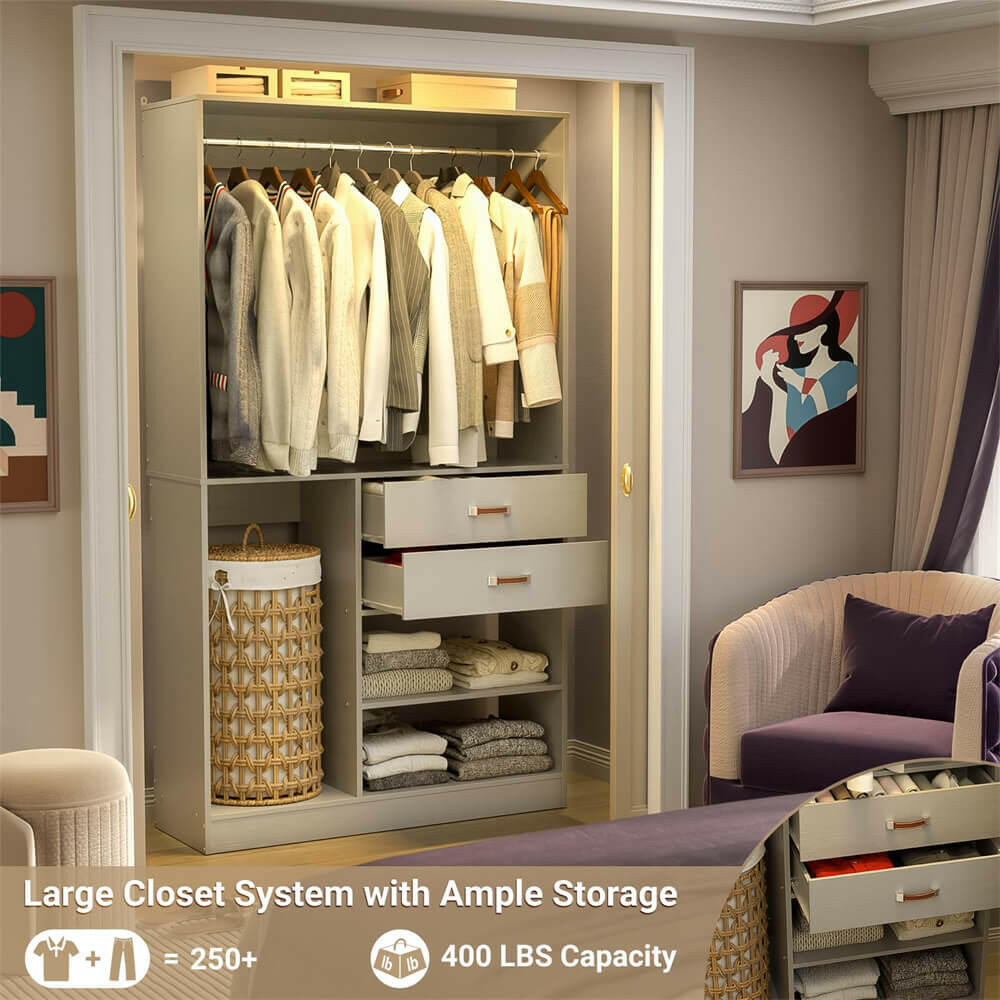 Unikito Freestanding Closet System with Suitcase Storage, 40 Inches Stand-Alone Wardrobe with 2 Wood Drawers, 80'' Height Adjustable Cloth Garment Rack, Walk-in Closet with Hanging Rod