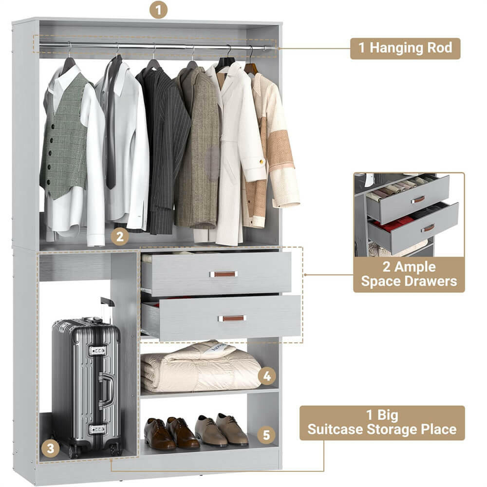 Unikito Freestanding Closet System with Suitcase Storage, 40 Inches Stand-Alone Wardrobe with 2 Wood Drawers, 80'' Height Adjustable Cloth Garment Rack, Walk-in Closet with Hanging Rod