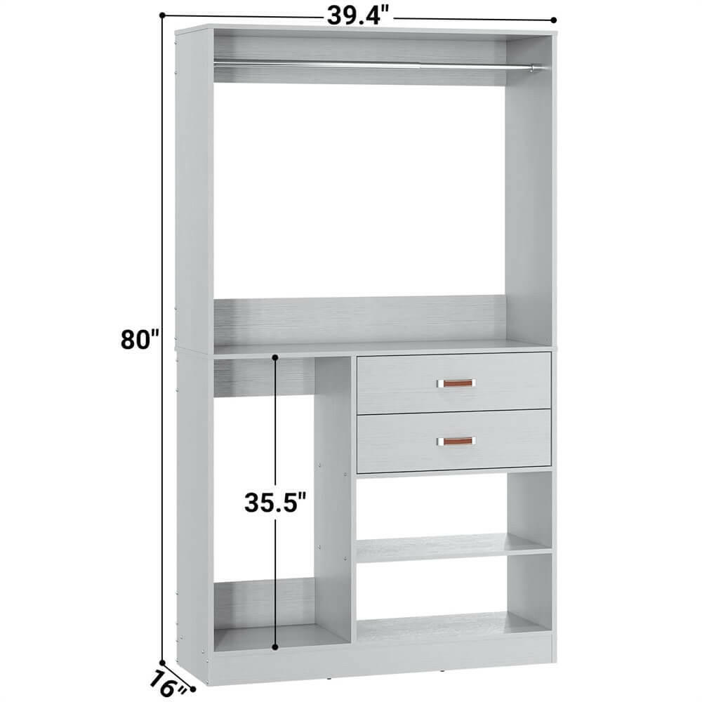 Unikito Freestanding Closet System with Suitcase Storage, 40 Inches Stand-Alone Wardrobe with 2 Wood Drawers, 80'' Height Adjustable Cloth Garment Rack, Walk-in Closet with Hanging Rod