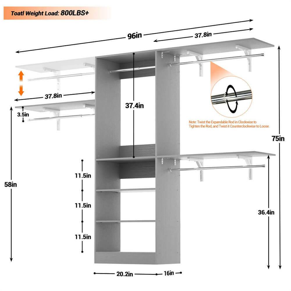 96'' Closet System with 5 Shelves & 3 Ajustable Shelf Towers