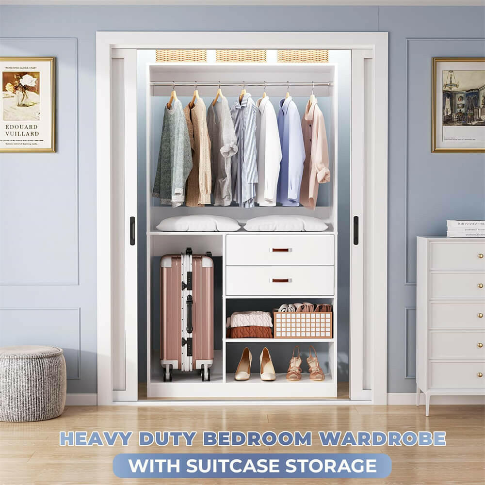 Unikito Freestanding Closet System with Suitcase Storage, 40 Inches Stand-Alone Wardrobe with 2 Wood Drawers, 80'' Height Adjustable Cloth Garment Rack, Walk-in Closet with Hanging Rod