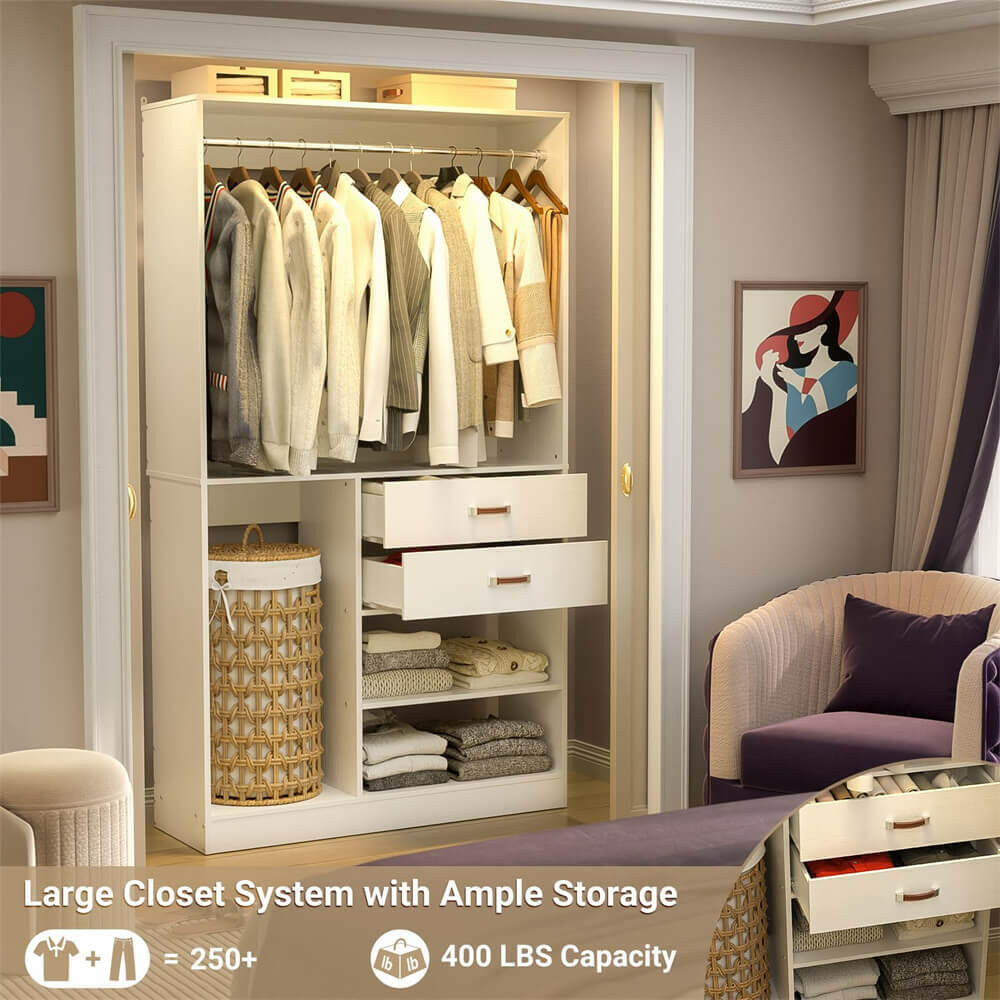 Unikito Freestanding Closet System with Suitcase Storage, 40 Inches Stand-Alone Wardrobe with 2 Wood Drawers, 80'' Height Adjustable Cloth Garment Rack, Walk-in Closet with Hanging Rod