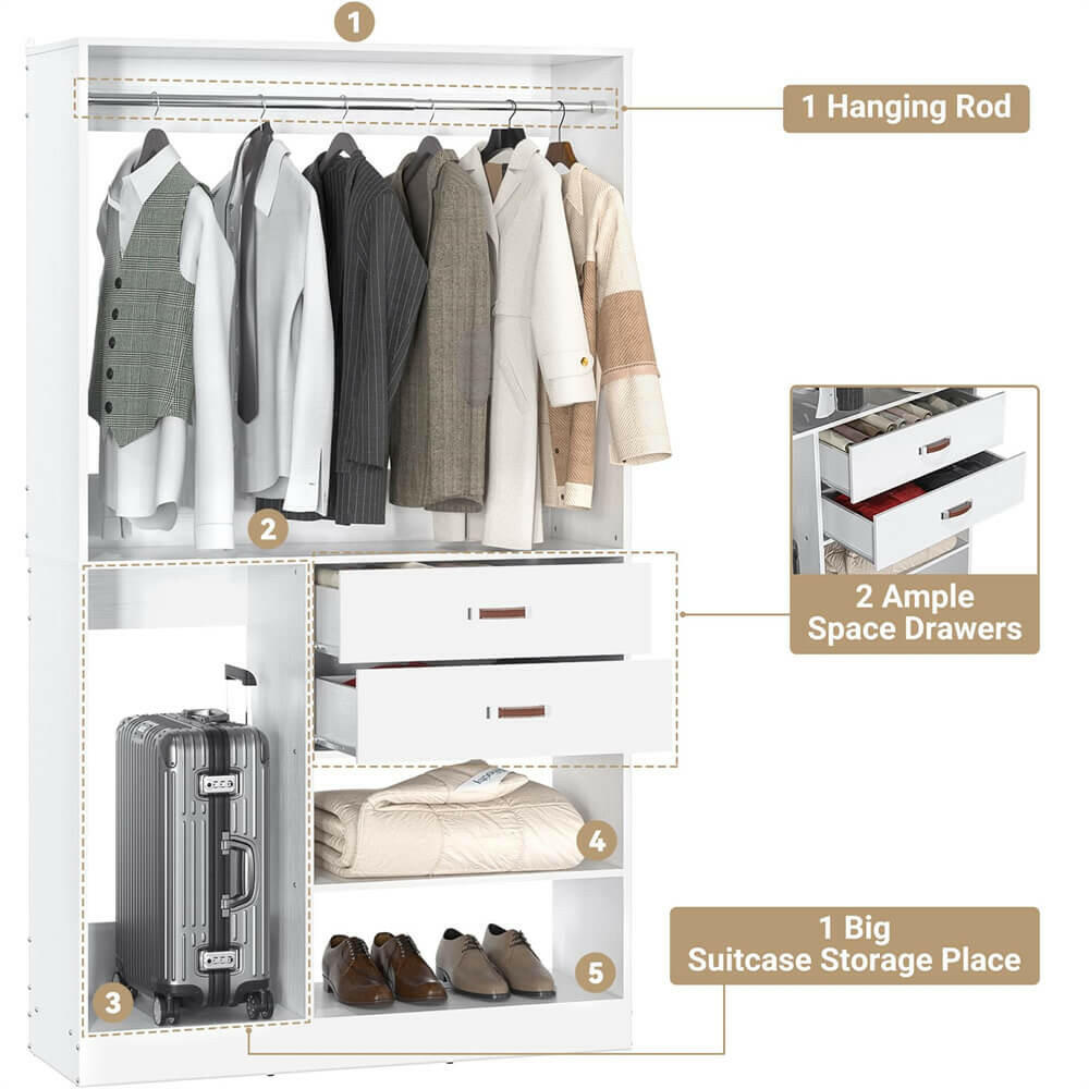 Unikito Freestanding Closet System with Suitcase Storage, 40 Inches Stand-Alone Wardrobe with 2 Wood Drawers, 80'' Height Adjustable Cloth Garment Rack, Walk-in Closet with Hanging Rod