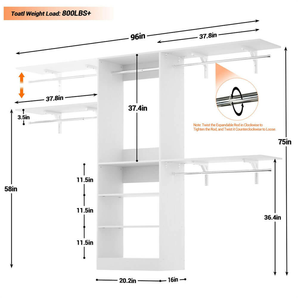 96'' Closet System with 5 Shelves & 3 Ajustable Shelf Towers