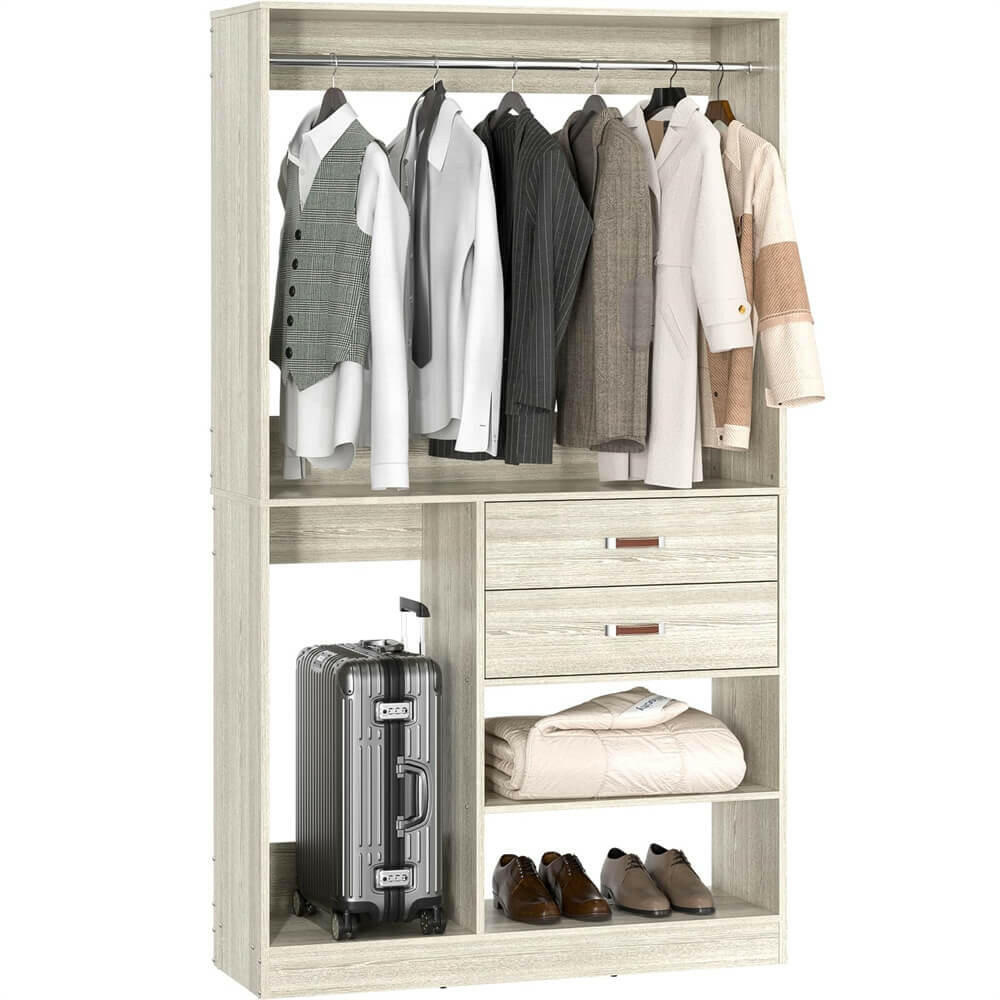 Unikito Freestanding Closet System with Suitcase Storage, 40 Inches Stand-Alone Wardrobe with 2 Wood Drawers, 80'' Height Adjustable Cloth Garment Rack, Walk-in Closet with Hanging Rod